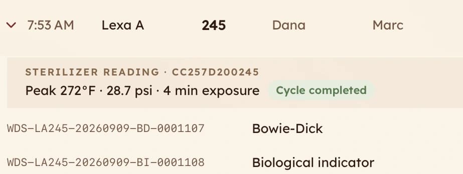 A cycle in spore's history opened to the sterilizer's own reading: peak 272°F, 28.7 psi, 4 minute exposure, cycle completed.