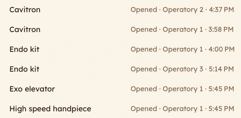 Packages from one load in spore, each showing the operatory and the time it was opened.